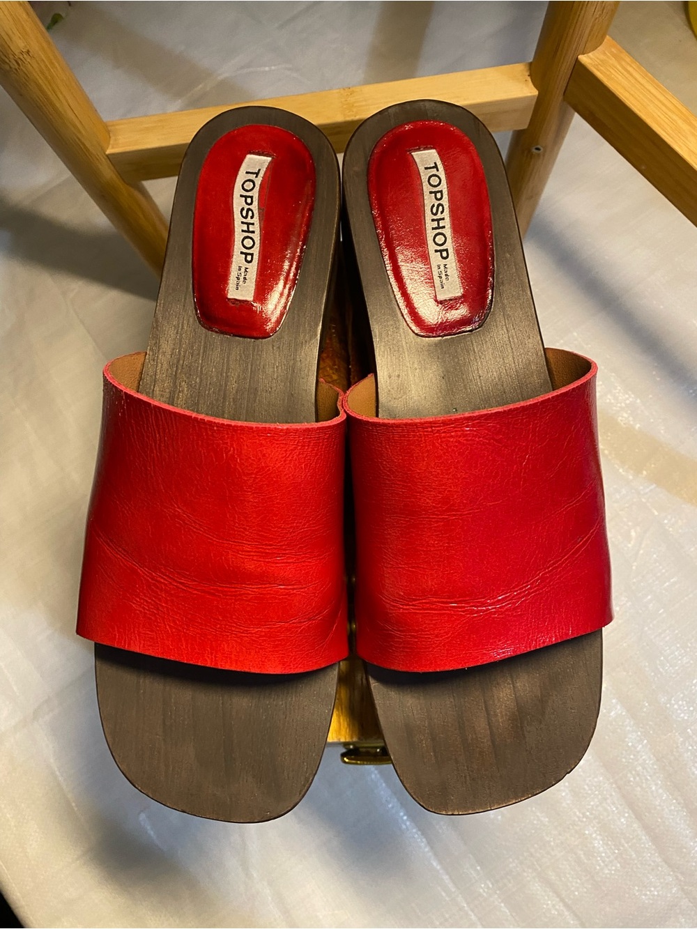Topshop Red Leather Slide Mules with Wood-Effect Footbed